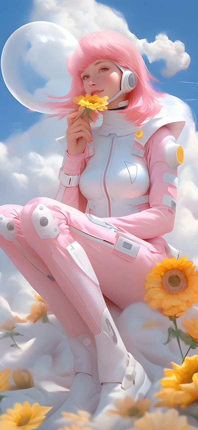 天空之城的花海梦幻粉色宇航员