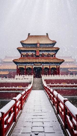 古城门国风朱红色古风下雪雪景