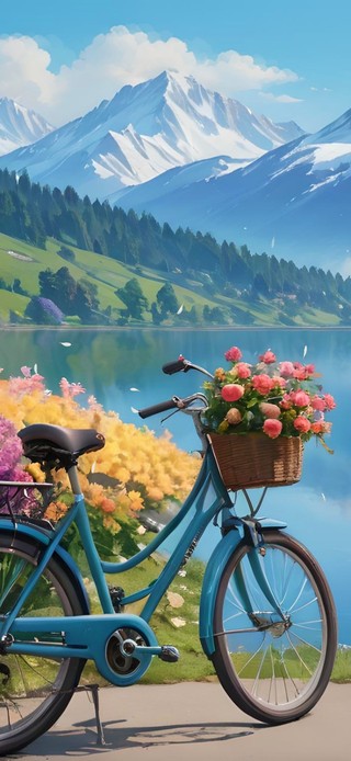 湖边鲜花自行车