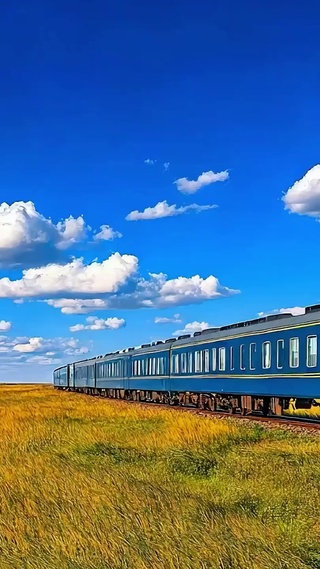 蓝天白云火车树木