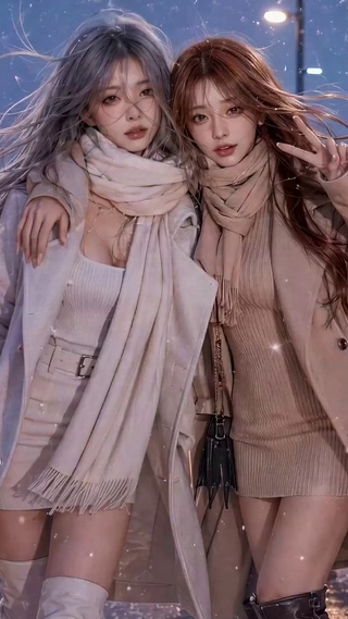 雪夜电车旁的闺蜜美少女