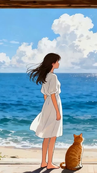 海景女孩与猫咪