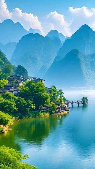 绿色江南古镇山水