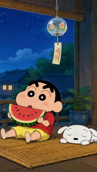 蜡笔小新夏夜庭院吃西瓜