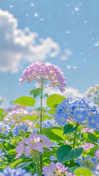 晴空绣球花田清新治愈风景