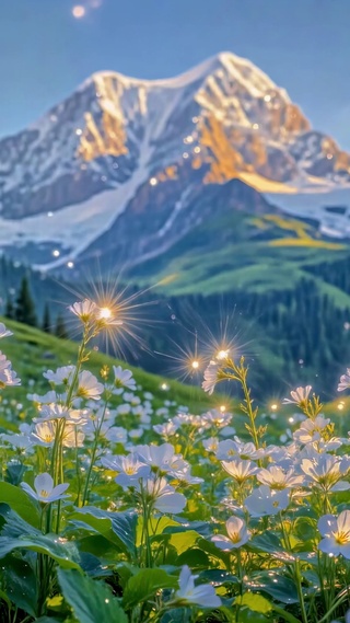 雪山花海晨光