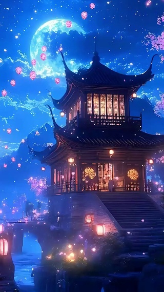 夜景古风樱花树木