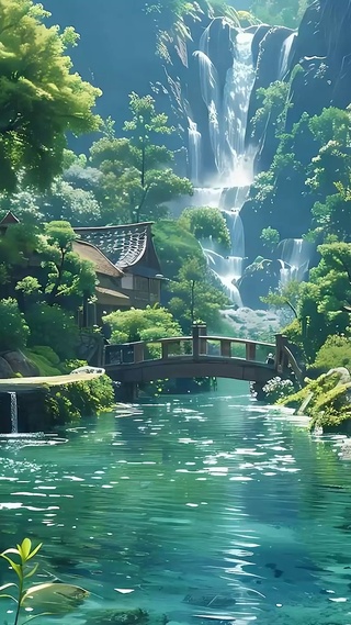 护眼绿景瀑布山水