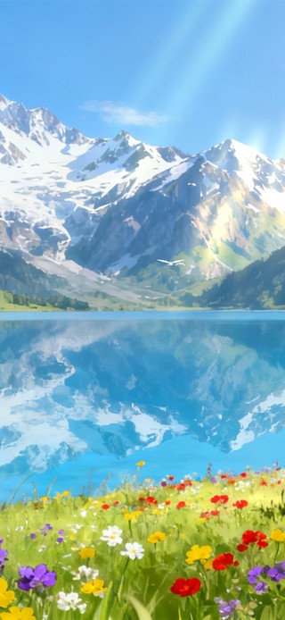 湖泊雪山风景	