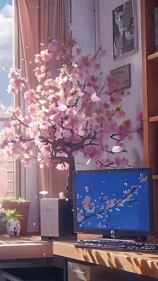 护眼窗外樱花树木