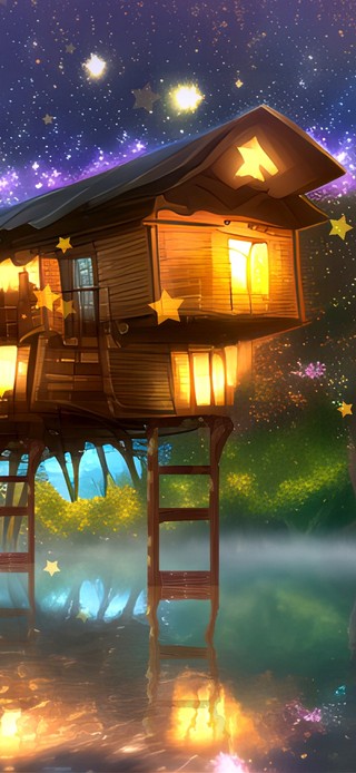 4K油画星星雨中的小屋（互动）