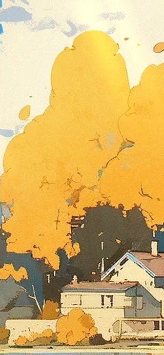 油画风秋日村庄