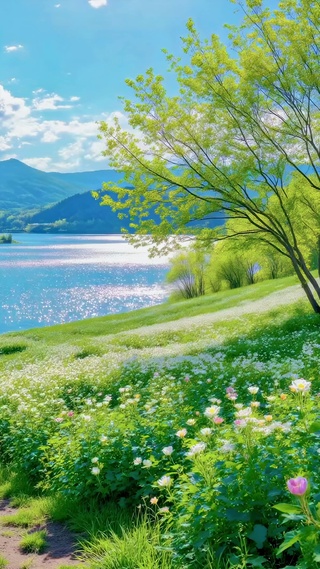 春日湖畔清新花海风光