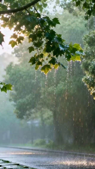 微光落雨林荫小道