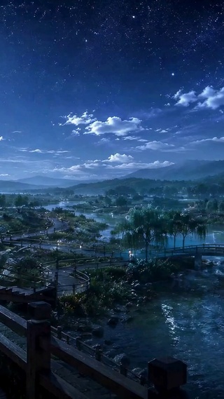 月下山水夜景