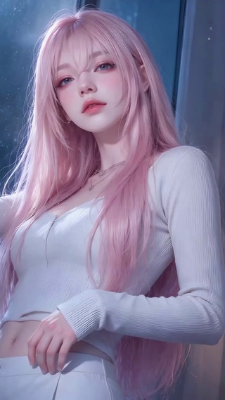 雨夜窗边粉发纯欲少女