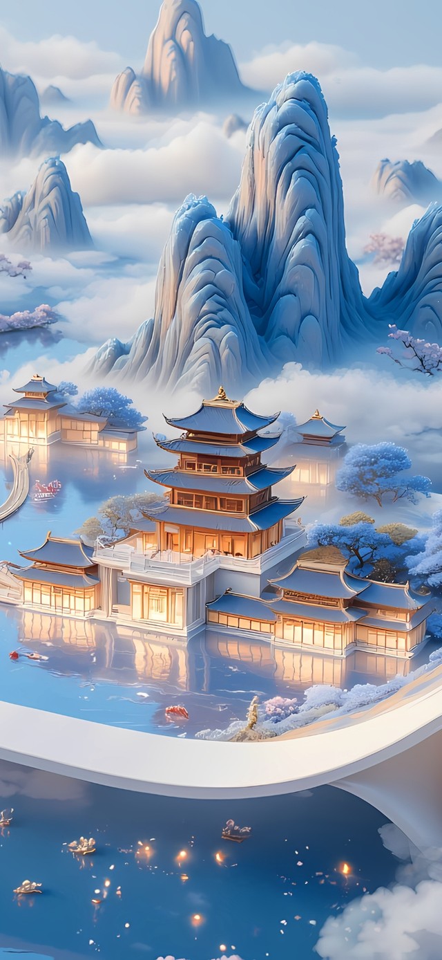 4k画轴山水云雾阁楼