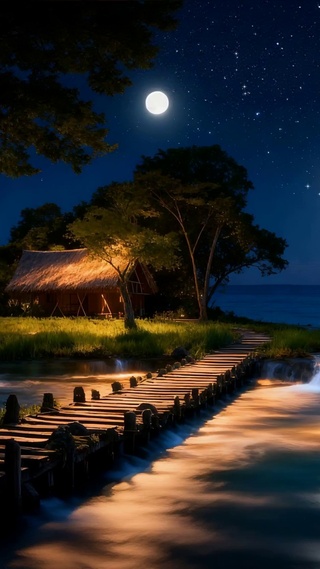 夜景房屋海景树木