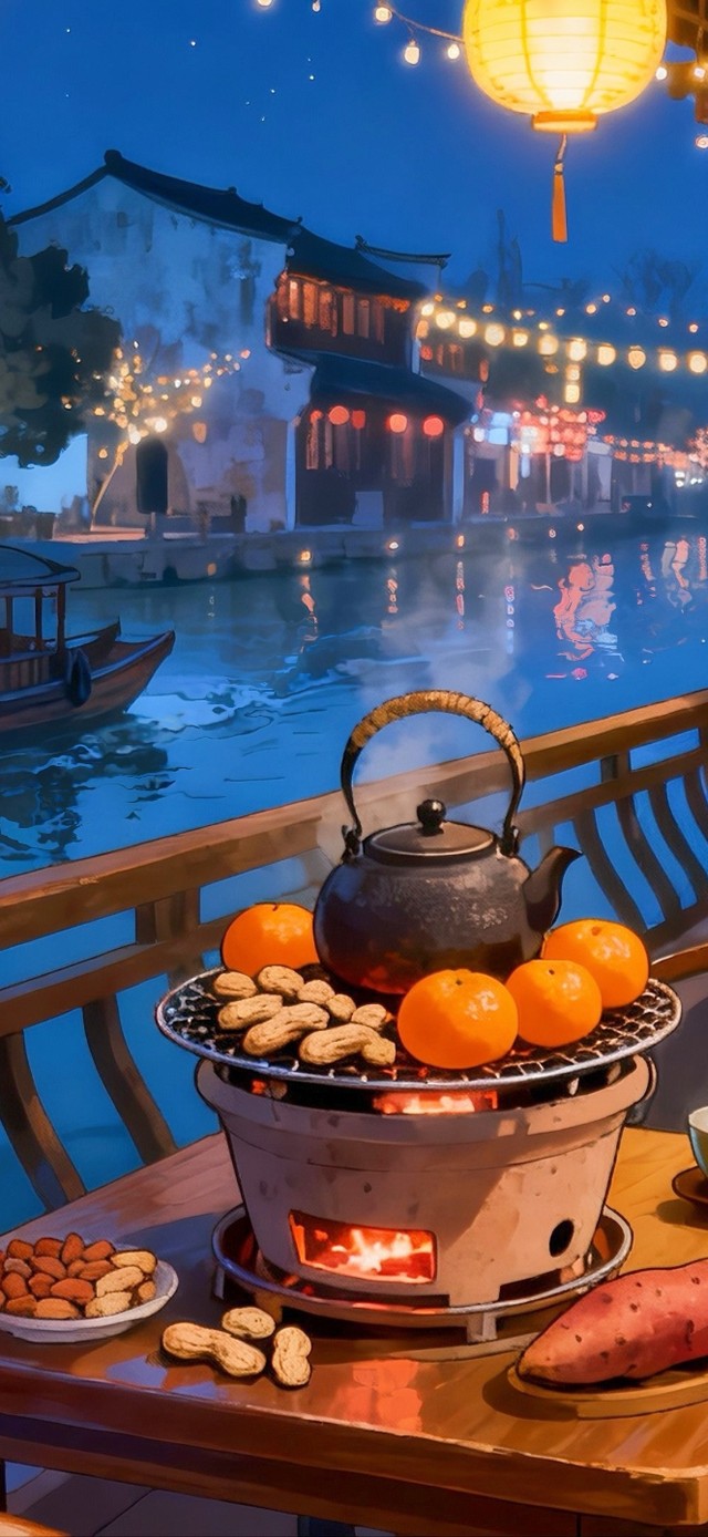 水乡围炉煮茶的夜晚
