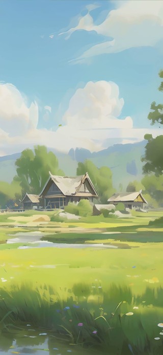 蓝天白云花草树木景色