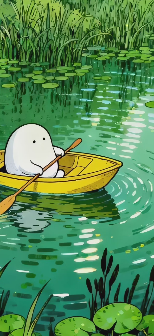 可爱治愈绿野划船