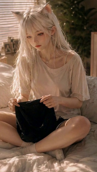 慵懒卧室猫耳白发美少女