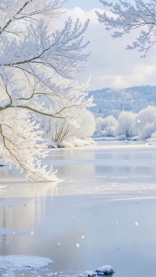 晴朗飘雪冬日冰湖