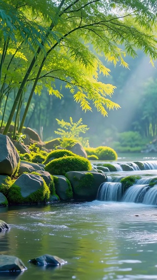 晨光溪涧竹林