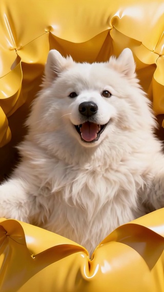 充气床垫上天真无邪的萌宠萨摩耶