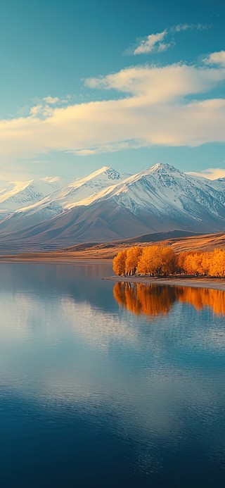 秋季雪山高原湖泊