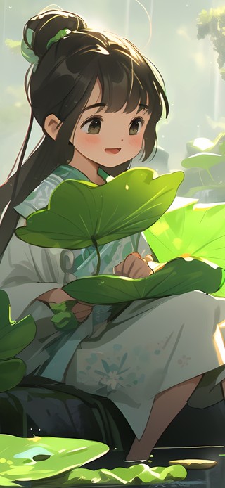 荷塘绿色荷叶少女