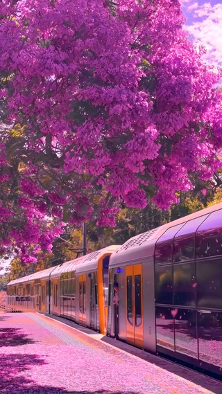 浪漫樱花雨下的列车