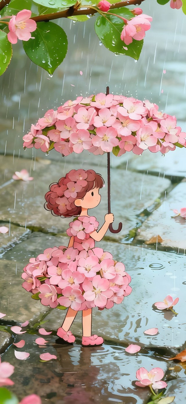 雨天樱花芭蕾小女孩