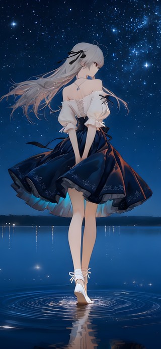 星空下湖面女孩