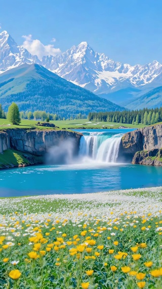 护眼碧潭飞瀑繁花满山