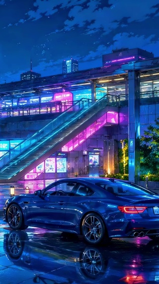 雨夜霓虹车站的蓝色跑车