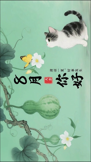 水墨风-小猫与蝶的8月藤