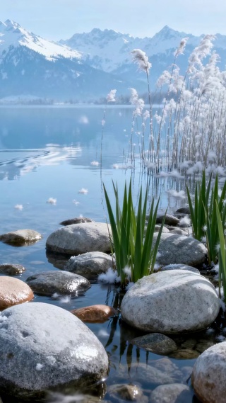 静谧雪山湖畔唯美风景