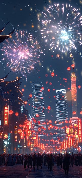 璀璨烟花里的上海新年夜景