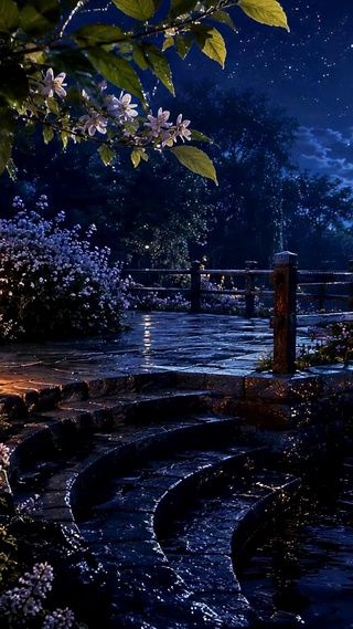 月夜湖畔花径夜景