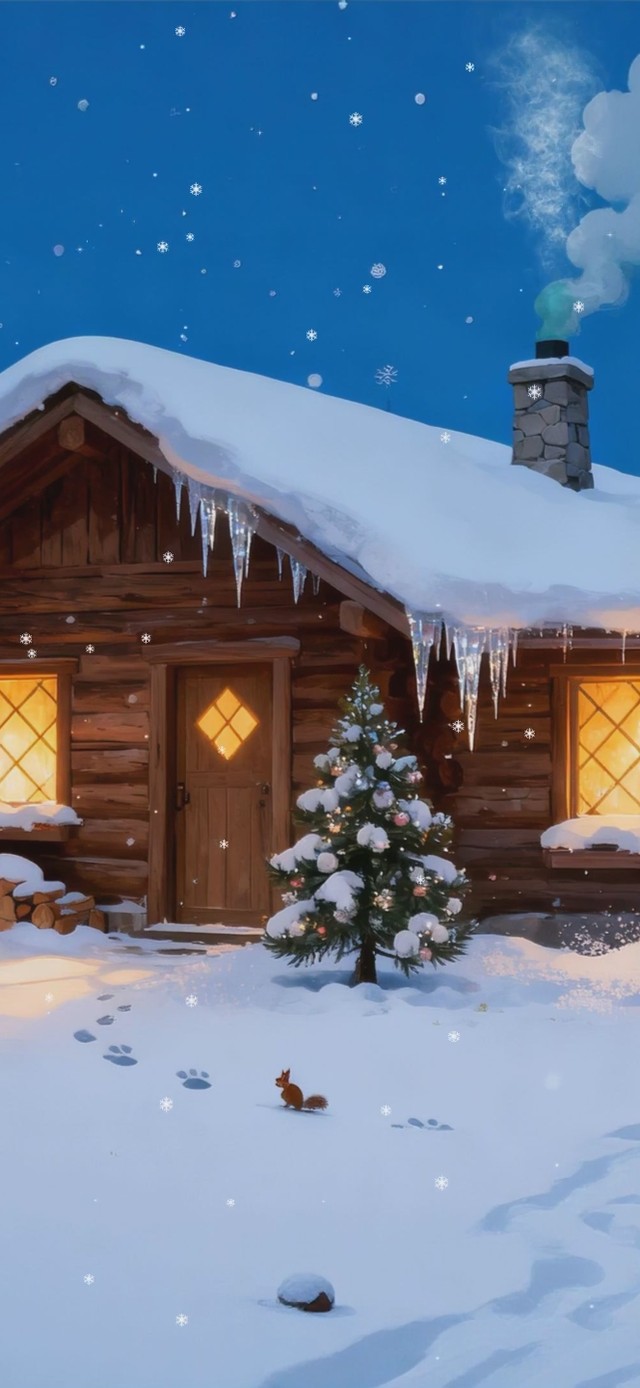 唯美治愈夜景下树木雪景色