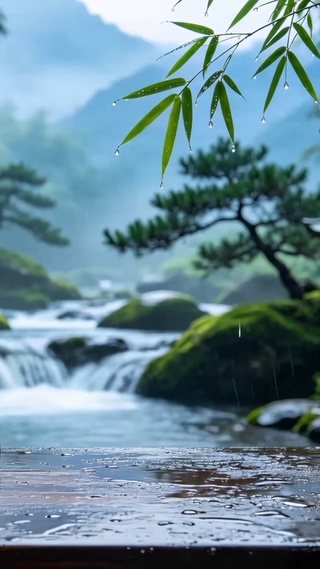 山间竹林溪流雨景