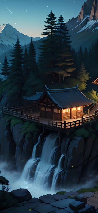 4K唯美治愈古风山寺瀑布