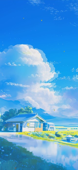 蓝天白云花草树木房屋