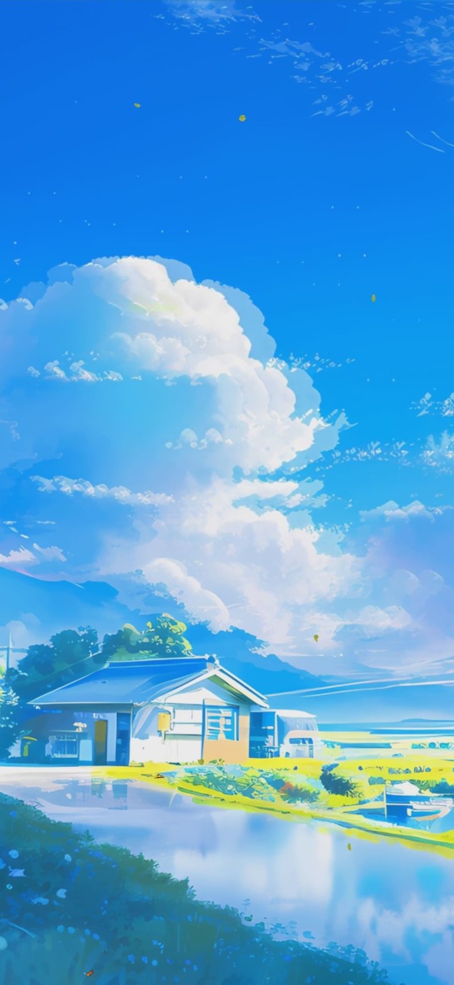 蓝天白云花草树木房屋