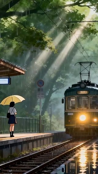 夜景雨天树木