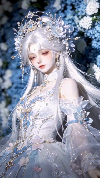 蓝白花海里的银发古风美少女