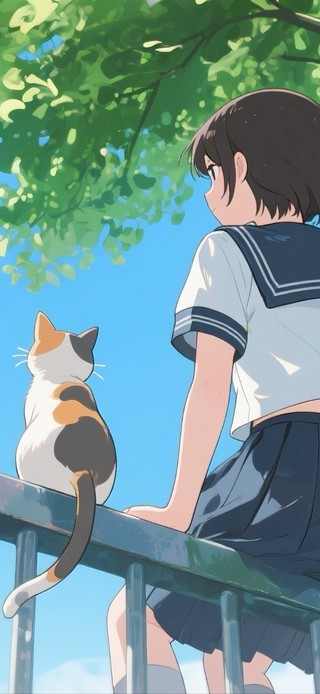 树下的猫咪与少女