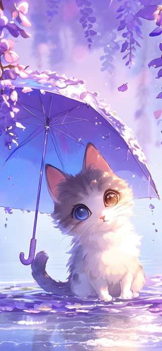 细雨花下小猫