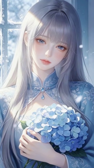 冬日窗边银发蓝裙美少女
